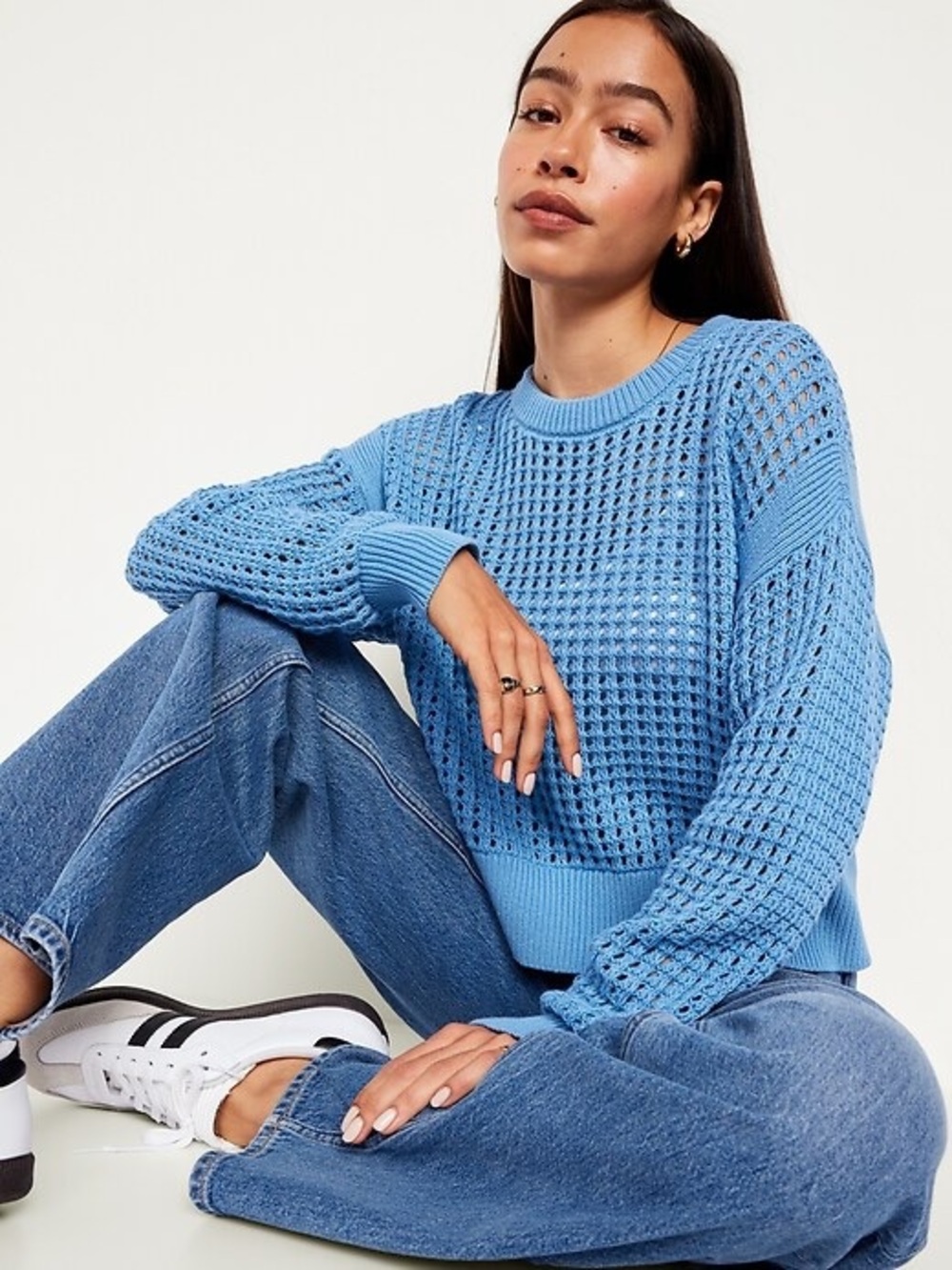 Textured Open Stitch Cropped Crewneck Sweater